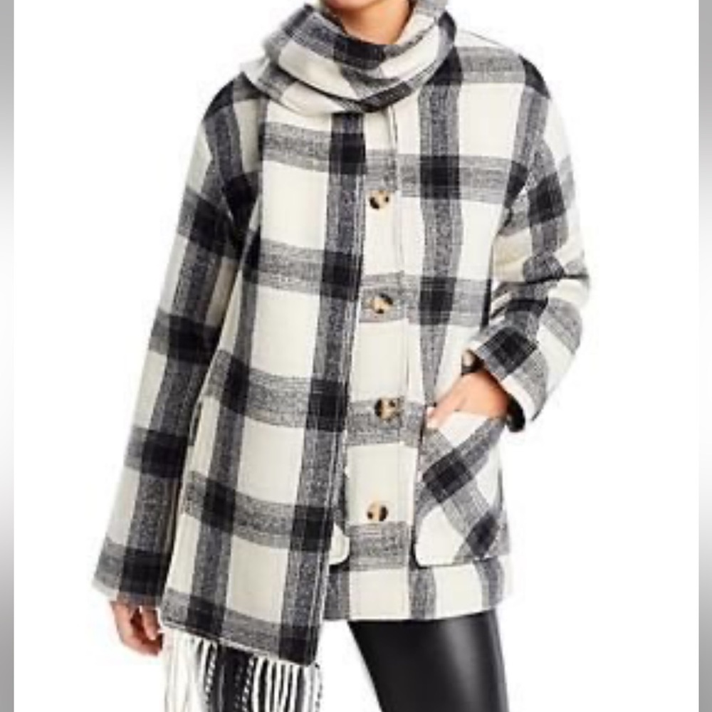 NWT aqua Plaid Button-Upwith Scarf collar coat